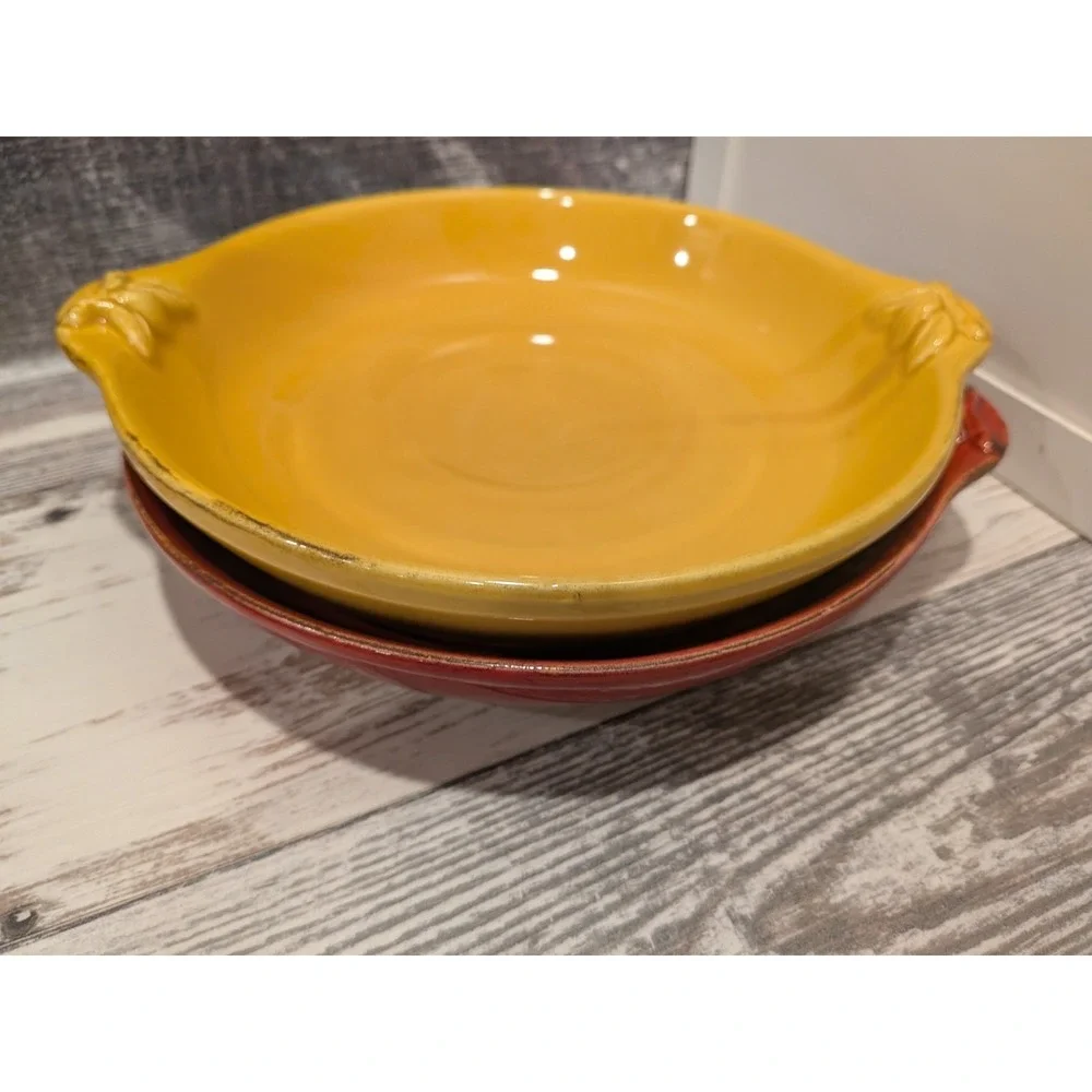 Sur La Table Italy Ceramic Serving Bowls Set of 2 Red Mustard Leaf Handles 9.5